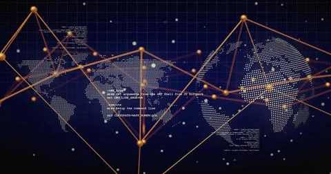 Image of digital data processing and connections over globe and black background Stock Illustration
