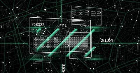 Image of digital data processing and connections over black background 스톡 일러스트