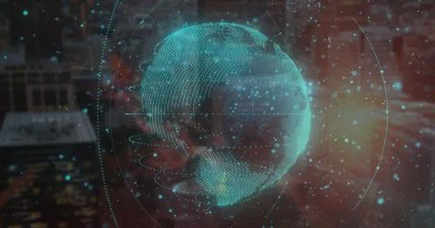 Image of digital data processing and connections over globe and cityscape Stock Illustration