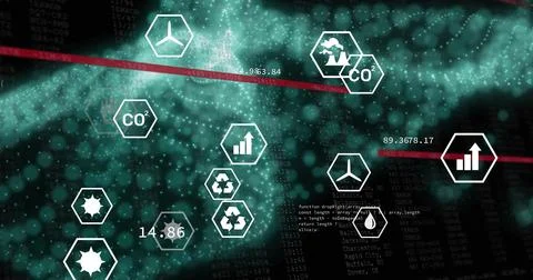 Image of digital data processing and eco icons over glowing mesh Illustrazione stock
