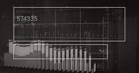 Image of digital data processing and statistics over black background 스톡 일러스트