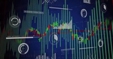 Image of digital data processing and statistics over blue background Stock Illustration