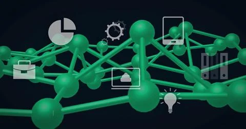 Image of digital data processing and dna strand over black background Illustrazione stock