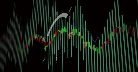 Image of digital data processing and statistics over black background 스톡 일러스트