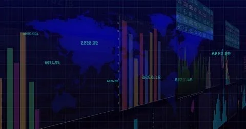Image of digital data processing and statistics over world map on black Stock Illustration