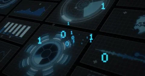 Image of digital data processing and binary coding over black background 스톡 일러스트
