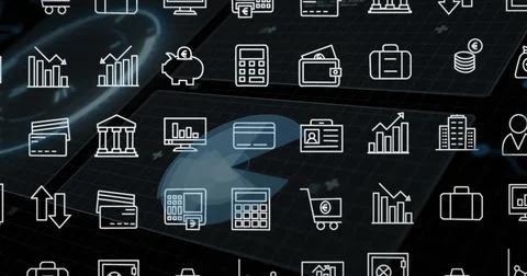 Image of digital data processing and business icons over black background Stock Illustration