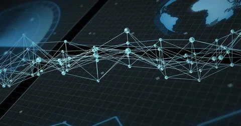 Image of digital data processing and connections over dark background Illustrazione stock