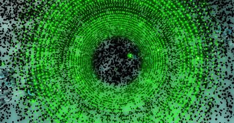 Image of digital data processing and binary coding over neon circle background Stockillustratie