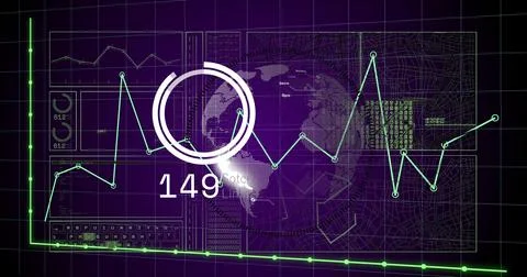 Image of digital data processing and globe over grid 스톡 일러스트