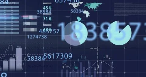 Image of digital data processing and numbers over grid on dark background 스톡 일러스트