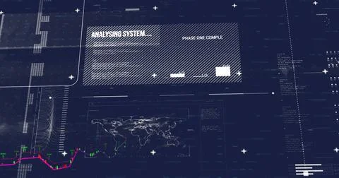 Image of digital data processing and text over grid on dark background イラスト素材