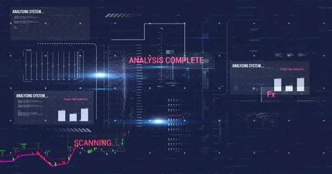 Image of digital data processing and text over grid on dark background Stock Illustration