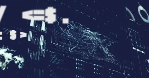 Image of digital data processing and world map over grid on dark background Stock Illustration