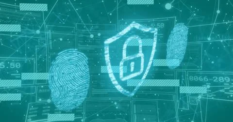 Image of digital data processing and security padlock over blue background 写真素材