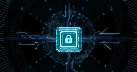 Image of digital data processing and security padlock over black background 写真素材