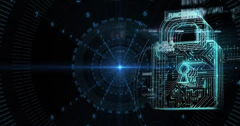 Image of digital data processing and security padlock over black background 스톡 사진