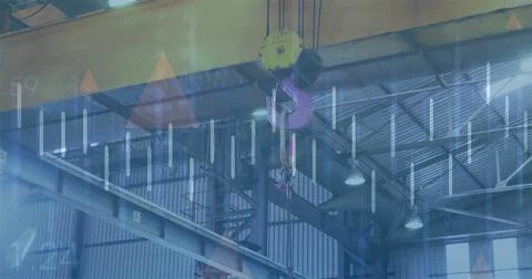 Image of digital data processing and glowing lights over crane 写真素材