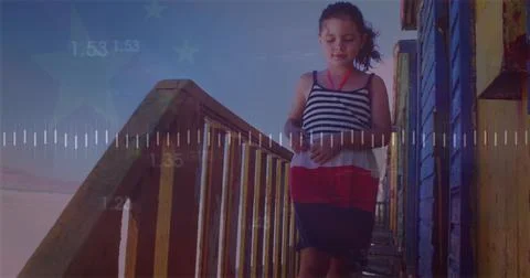 Image of digital data processing and glowing lights over caucasian girl on the 스톡 사진