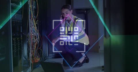 Image of digital data processing and qr code over caucasian female server room 写真素材
