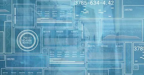 Image of digital data processing and digital interface and grid over blue Stock Photos