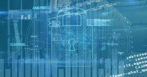 Image of digital data processing and digital interface and grid over blue 스톡 사진