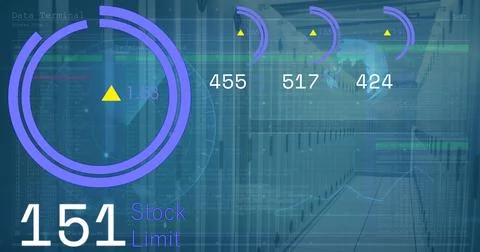 Image of digital data processing and digital interface and grid over blue 스톡 사진