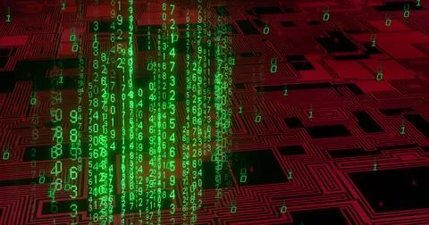 Image of digital data processing and binary coding on black background 库存照片