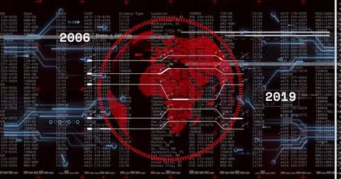 Image of digital data processing and circuit board over globe 写真素材