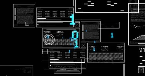 Image of digital data processing and binary coding over black background 库存照片
