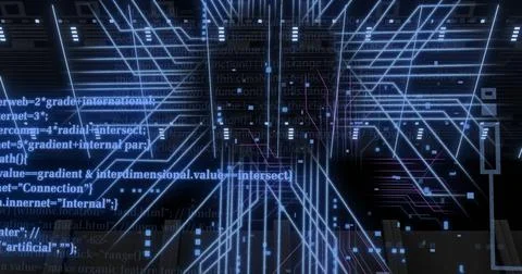 Image of digital data processing and circuit board over computer servers Stock Photos