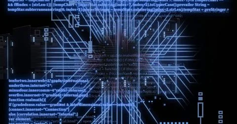 Image of digital data processing and circuit board over black background Foto stock