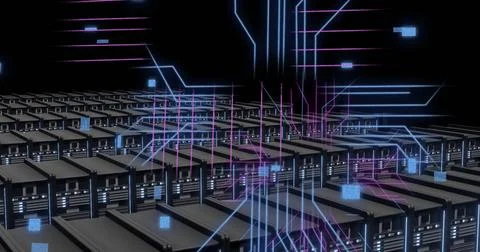Image of digital data processing and circuit board over computer servers 스톡 사진