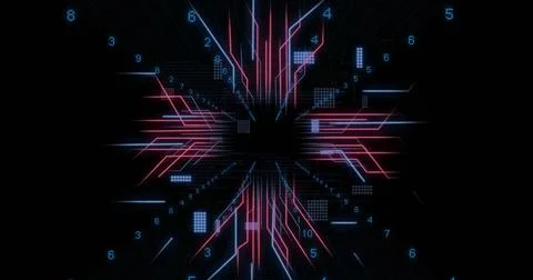 Image of digital data processing and circuit board over black background 스톡 사진