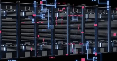 Image of digital data processing and circuit board over computer servers 写真素材