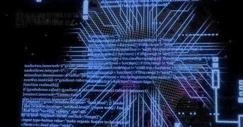 Image of digital data processing and circuit board over black background 写真素材