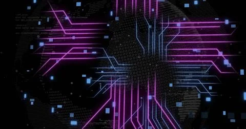 Image of digital data processing and circuit board over black background Stock Photos