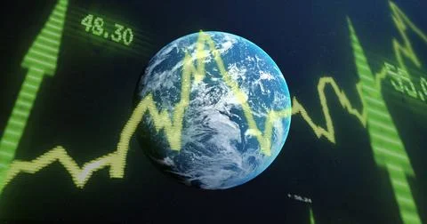 Image of digital data processing and arrows over globe on dark background Stock Photos