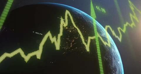 Image of digital data processing and arrows over globe on dark background 스톡 사진