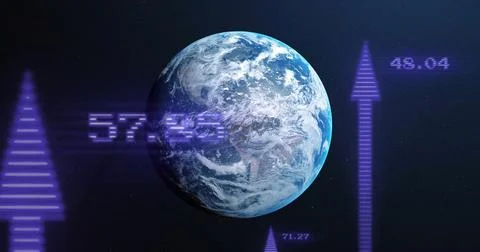 Image of digital data processing and arrows over globe on dark background 写真素材