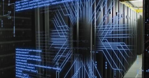 Image of digital data processing and circuit board over computer servers Stock Photos