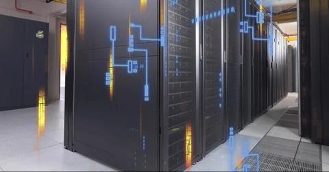 Image of digital data processing and circuit board over computer servers 스톡 사진