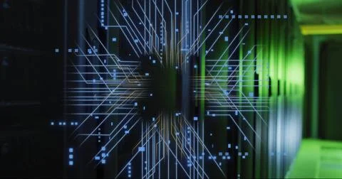 Image of digital data processing and circuit board over computer servers Stock Photos