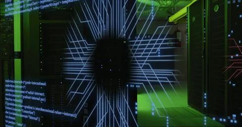 Image of digital data processing and circuit board over computer servers 写真素材