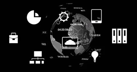 Image of digital data processing and globe over black background Foto stock