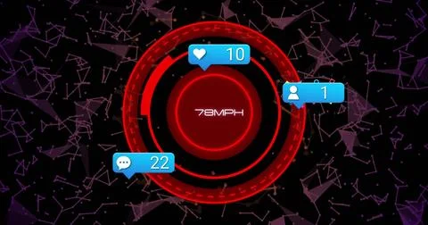 Image of digital data processing and icons over network of connections and scope 库存照片