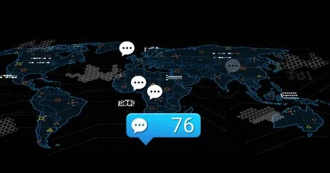 Image of digital data processing and world map over black background Stock Photos