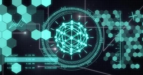 Image of digital data processing and globe over dark background Stockfoto's