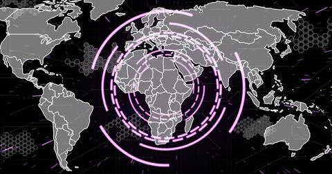 Image of digital data processing and scope over world map on dark background Stock Photos