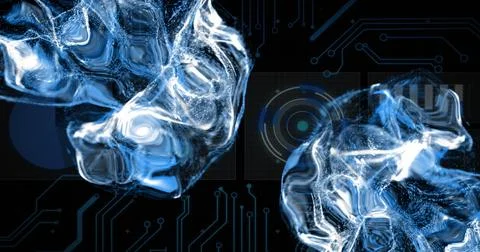 Image of digital data processing and scope over circuit board and flames Stock Photos